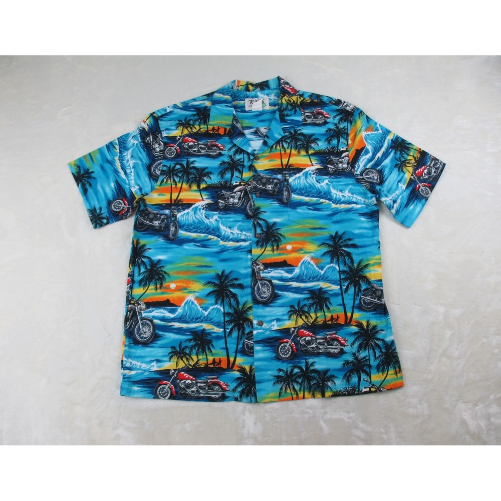 VINTAGE‎ KY'S Shirt Mens Extra Large Blue Motorcyle Button Up Hawaiian Beach 01